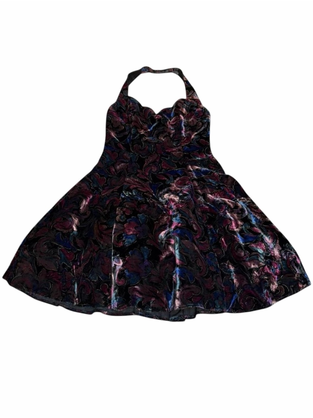 Vintage 80’s Floral Velvet Mini  Halter Dress Juniors 7 Whimsigoth Dark Romance